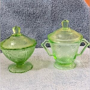 Vintage - Uranium Federal Glass “Peacock Green” Sugar/Creamer